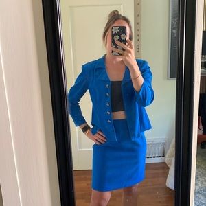 2 pc bright blue blazer and high waisted skirt